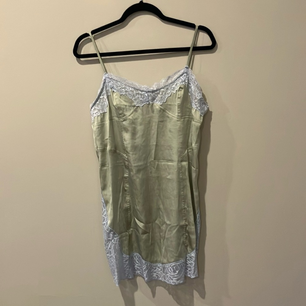 Free People Green and White Lace Trim Chemise